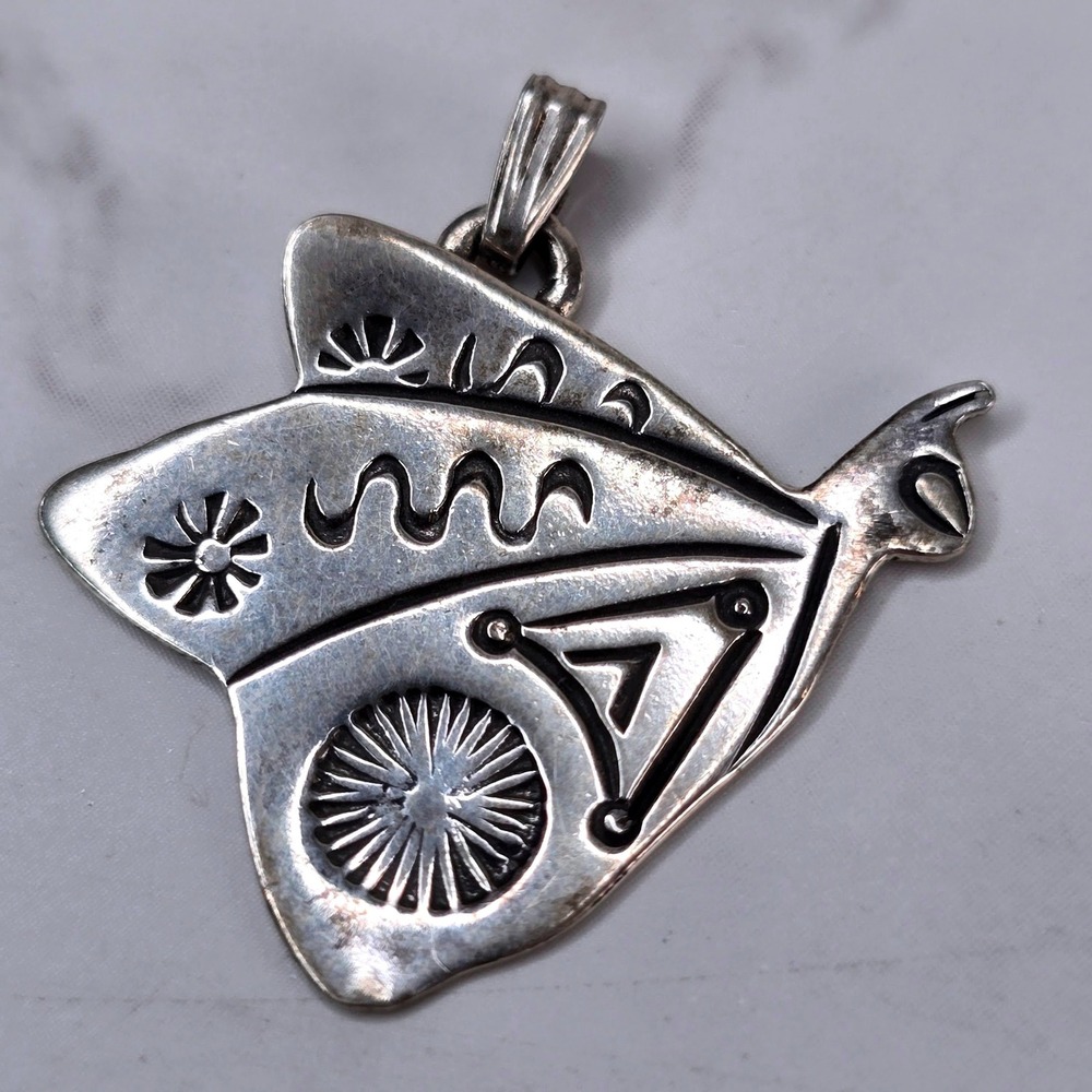 Sterling Silver 925 Southwestern Stamped Butterfly Moth Pendant Signed AJM 2.0g - Picture 2 of 7